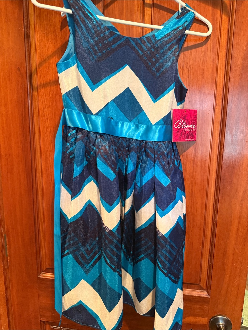 Bloom Girls' Teal & Navy Chevron Satin-Waist Party Dress
